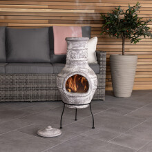 CHARLES BENTLEY Outdoor, Garden, Patio, Medium Natural Clay Chimenea Patio Heater Firepit, Easy To Assemble, Terracotta Finish, Leaf Design, Burns