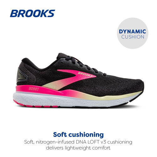 Brooks Brooks Womens Ghost 16 Neutral Running Shoe - Black/Pink/Yellow - 7 Medium 1