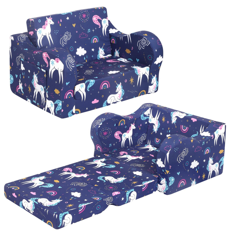 MOMCAYWEX Rainbow Unicorn Kids Sofa  2-in-1 Kids Couch Fold Out  Convertible Sofa to Bed for Girls and Boys