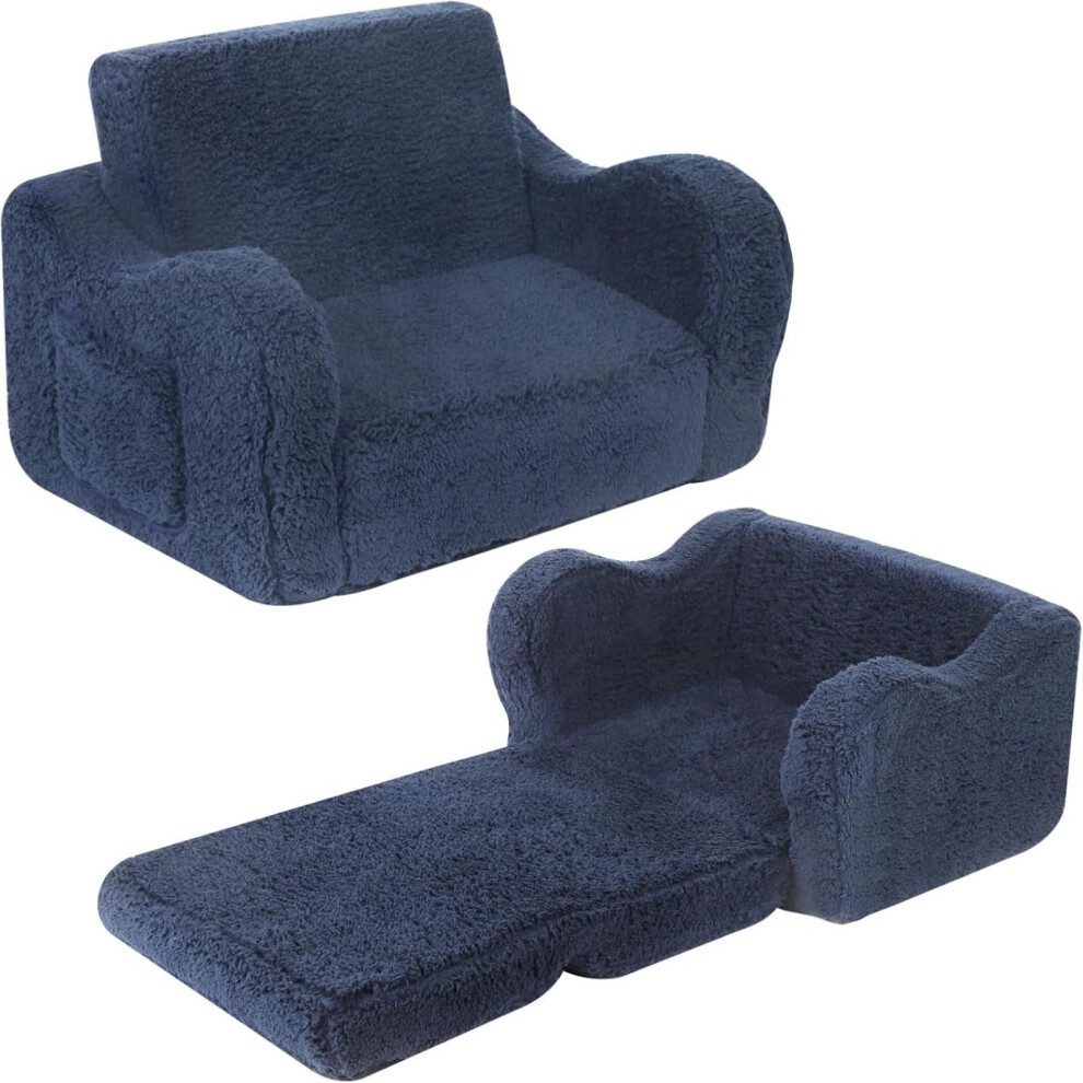 MOMCAYWEX Kids Chairs for Toddler 2-in-1 Toddler Soft Sherpa Couch Fold Out Convertible Sofa to Lounger for Girls and Boys Dark Blue