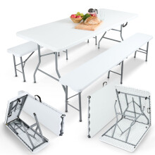AREBOS beer bench set 3-piece set table + 2 x bench | marquee set for indoors - outdoors | beer table set | foldable & with carrying handle | white