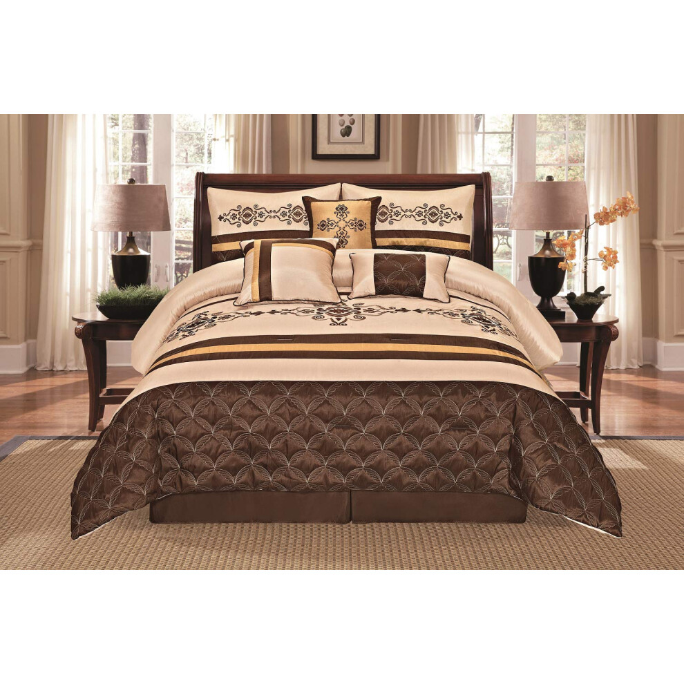 WPM WORLD PRODUCTS MART Ensemble de literie complet 7 pièces Beige Brun Or Ensemble de couette brodée de luxe Literie Bed-in-a-Bag - Yasmen (Queen)
