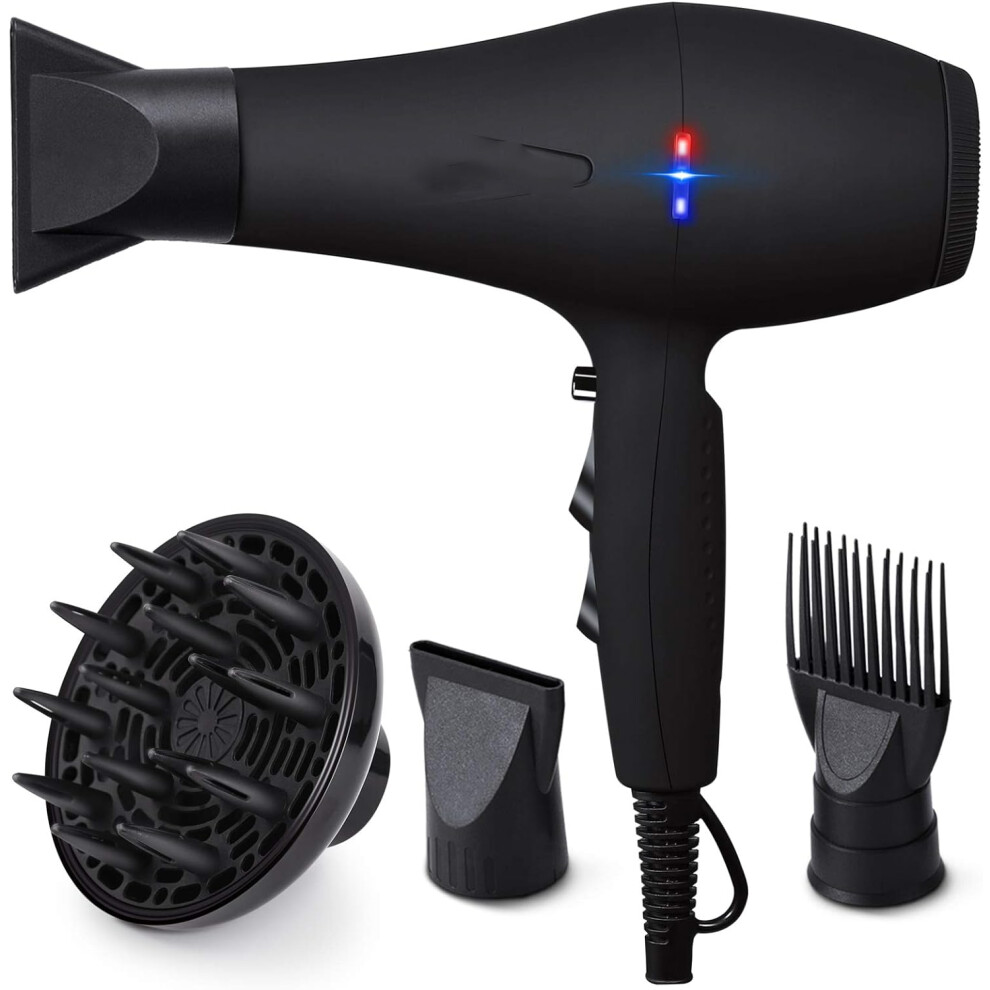 (Black) Hair Dryer Professional 2100W Salon Hairdryer Ionic Far Infrared 2 Speed 3 Heat Cool Shot Setting AC Motor Blow Dryer with Diffuser/Concentrator/Comb