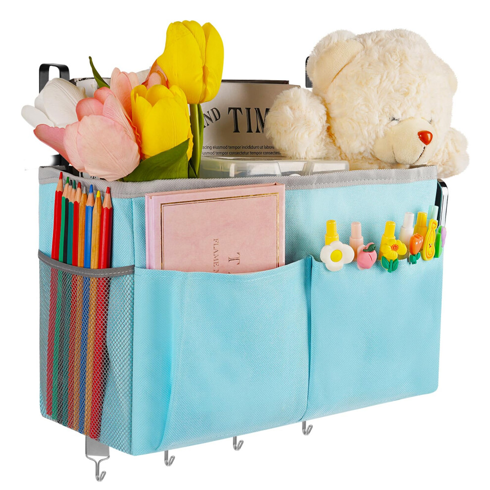 Frjjthchy Nachttisch-Aufbewahrungs-Organizer, 5 Taschen Mit 4 Haken, HäNgende Aufbewahrungstasche FüR Kopfteile/Etagenbett (Blau)-image