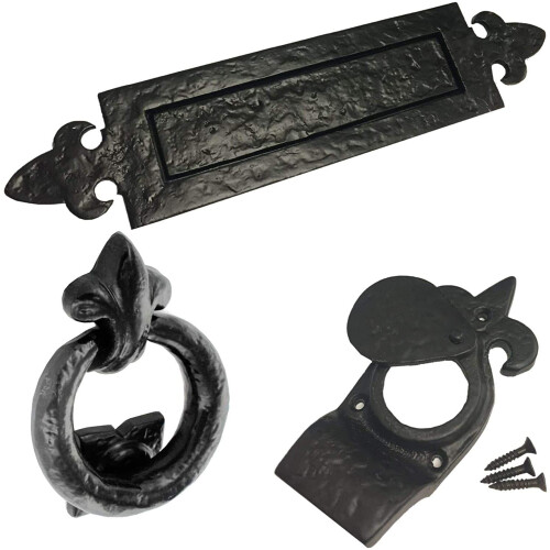 Letter Box Plate Fleur De LYS Cylinder Pull, Ring Door Knocker Set