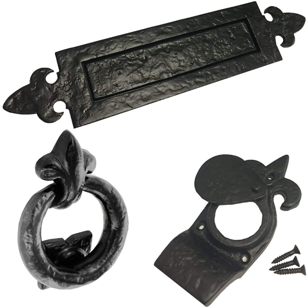 Letter Box Plate Fleur De Lys Cylinder Pull And Ring Door Knocker Set 5057670088086