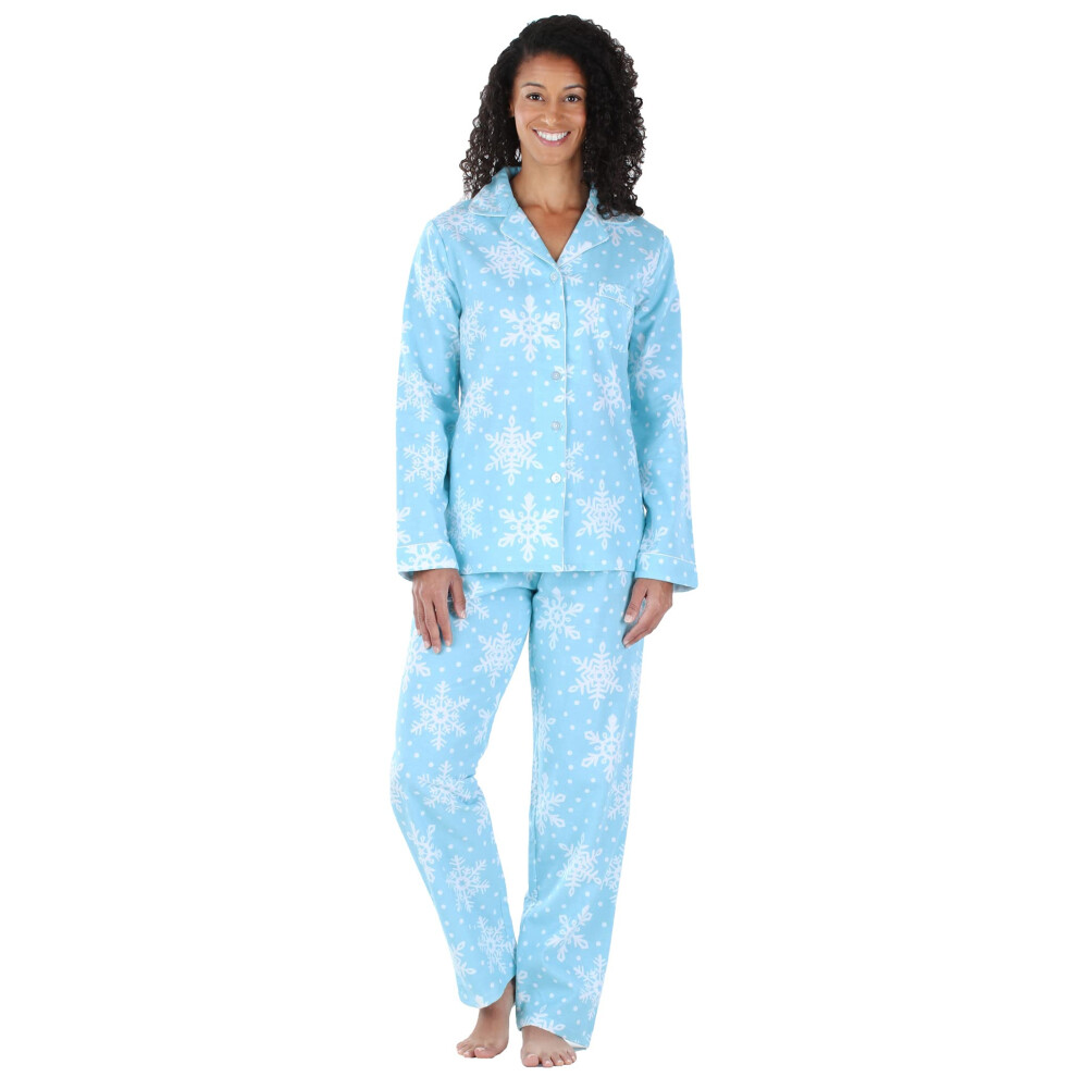 PajamaMania Womens cotton Flannel Long Sleeve Button-Down Pajamas PJ Set  Icy Snowflakes  X-Small
