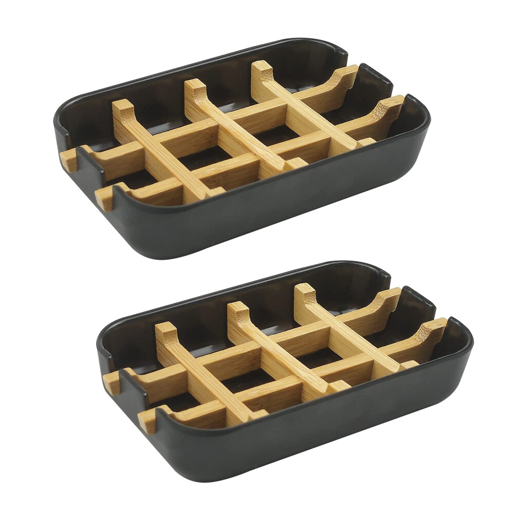Lot de 2 porte-savons en bambou auto-drainants pour douche, salle de bain, cuisine, baignoire, bar,    vier (noir)