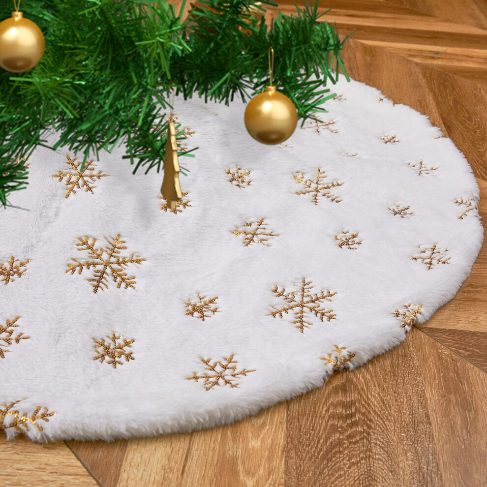 Christmas Tree Skirts 36inch Faux Plush White Tree Skirt Double Layers Gold Snowflakes Tree Skirt Cover Fluffy Round for Holiday Party Christmas Tree-image-OPC-PFYR5NM-NEW