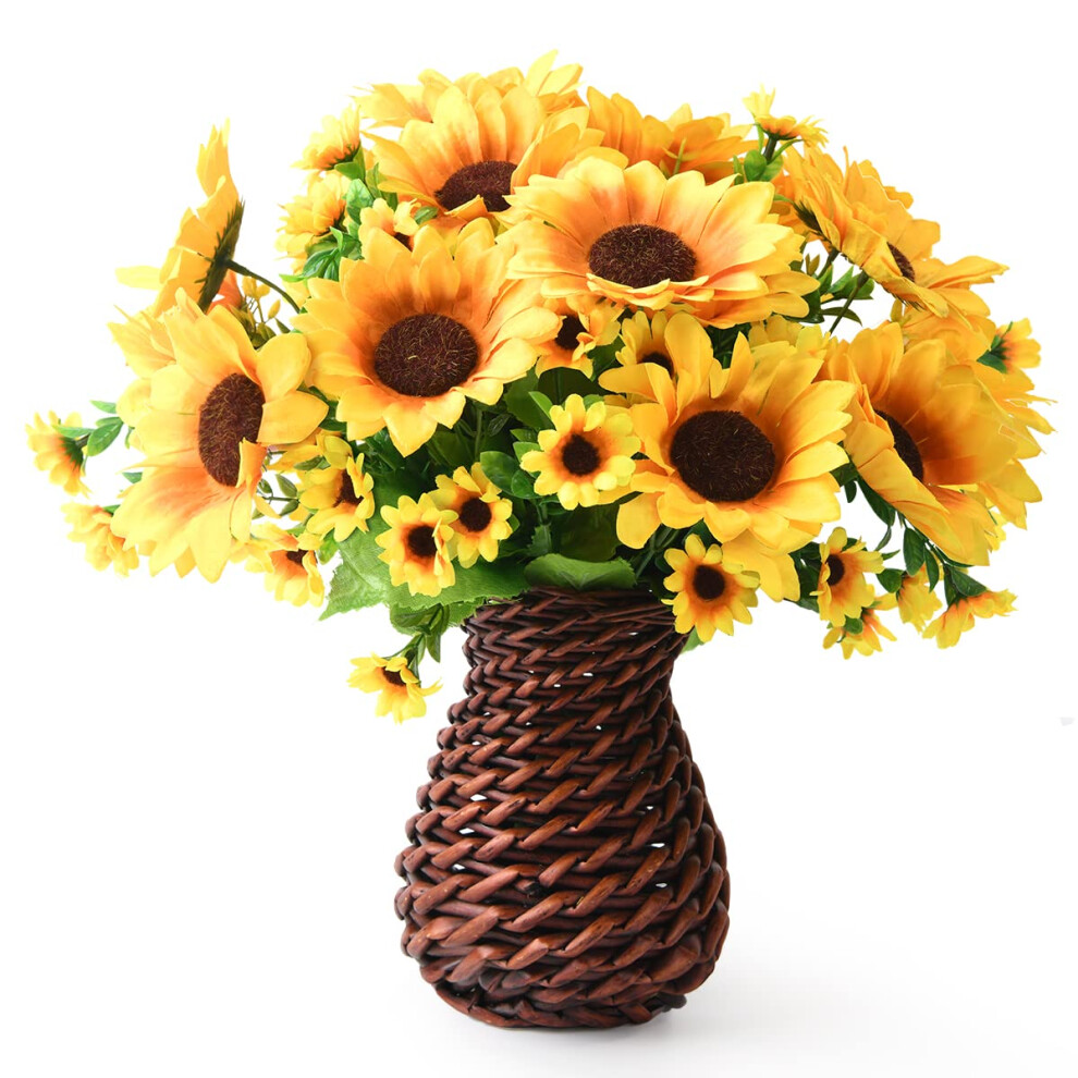 Inqcmy Kunstbloemen Met Vaas Zijden Bloemstukken Kunstmatige Zonnebloemboeketten In Handgemaakte Rotan Vaas Voor Thuiskantoor Tafelset-image