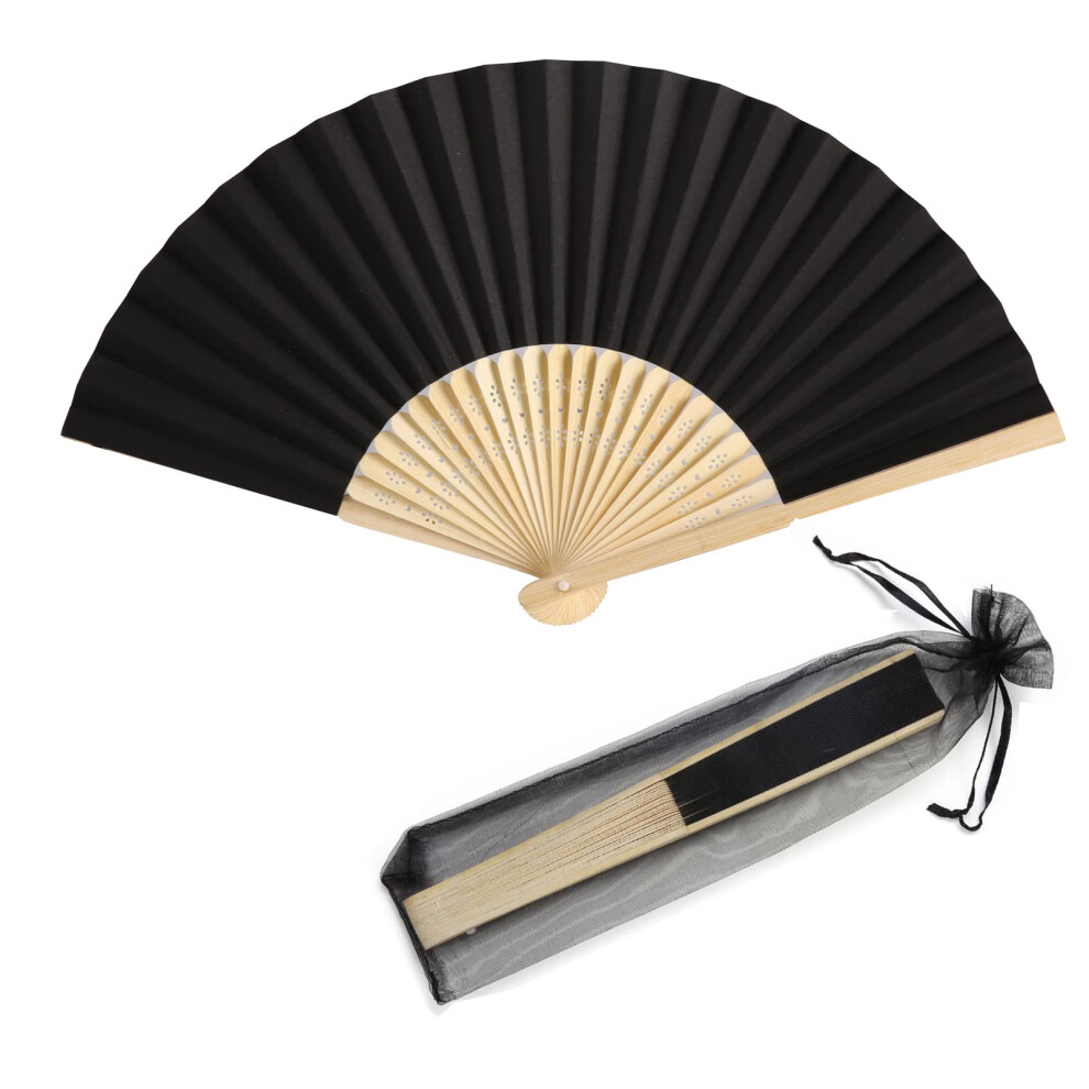 SL crafts 50pcs Paper Hand Fan with Organza Bags Bamboo Handheld Folding Fan Decorative Paper Fan Wedding Party Favors (Black)