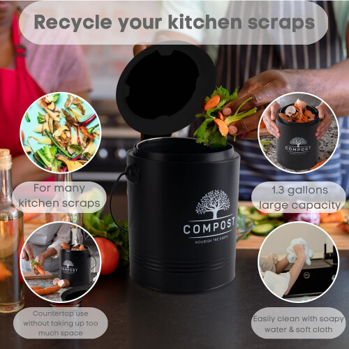 Perfnique Kitchen Compost Bin 13 Galloni Compost Bin da banco con coperchio Compost Bin per interni Include rivestimento interno e 2
