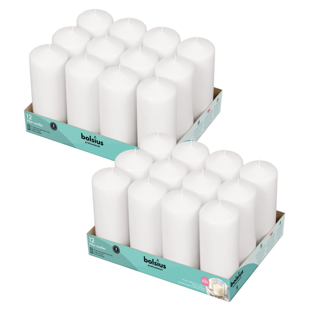 BOLSIUS White Pillar Candles - 2.7x6.7 Inches - 2 Packs = Total 24 Candles - 62+ Hours - Premium European Quality - Consistent Smokeless Fla-image-OPC-PFNR65H-NEW