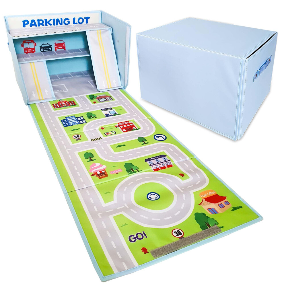 Coffre de rangement pour voiture jouet SAM AND MABEL avec tapis de jeu pour voiture - Panier de rangement empilable et pliable pour voitures de course