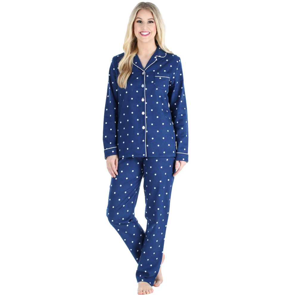 PajamaMania Womens cotton Flannel Long Sleeve Button-Down Pajamas PJ Set, Blue Polka Dot, Medium,