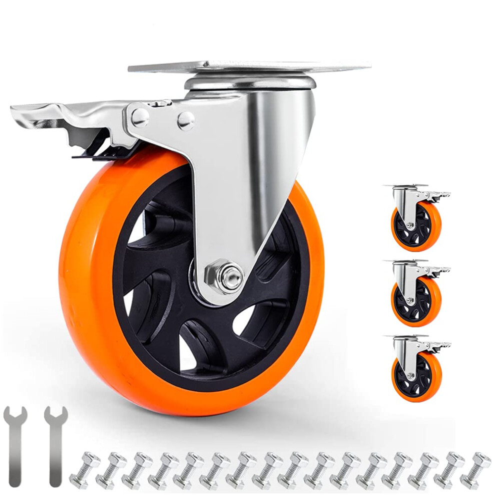 5"" Swivel Plate Casters Wheels With Screw Safety Dual Locking And Polyurethane Foam No Noise Wheels Heavy Duty-550 Lbs Per Caster 8805821648507