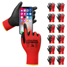 DULFINE Sicherheits-Arbeitshandschuhe, PU-beschichtet, fr Damen und Herren, 12 Paar, roter nahtloser Strickhandschuh mit Zwei-Finger-Touchscreen, id
