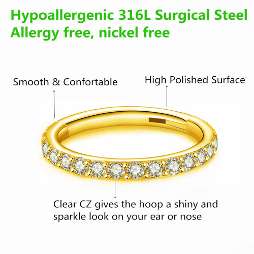 Lalique BLESSMYLOVE Clear CZ Χρυσά 16G 9mm Ριγέ Ρινικά Σκουλαρίκια 316L Χειρουργικού Χάλυβα 2
