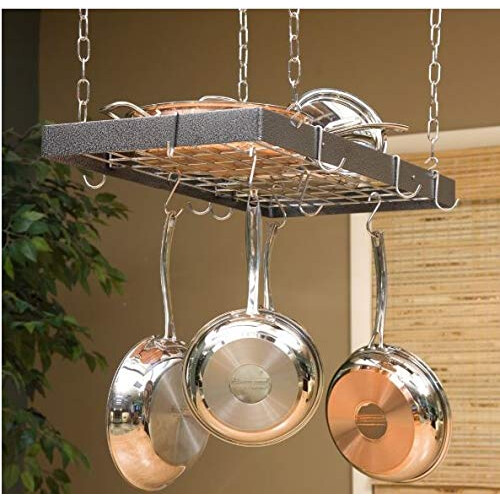 Rogar Hammered Steel Rectangular Pot Rack with Grid and Chrome Accessories 30-in. 1