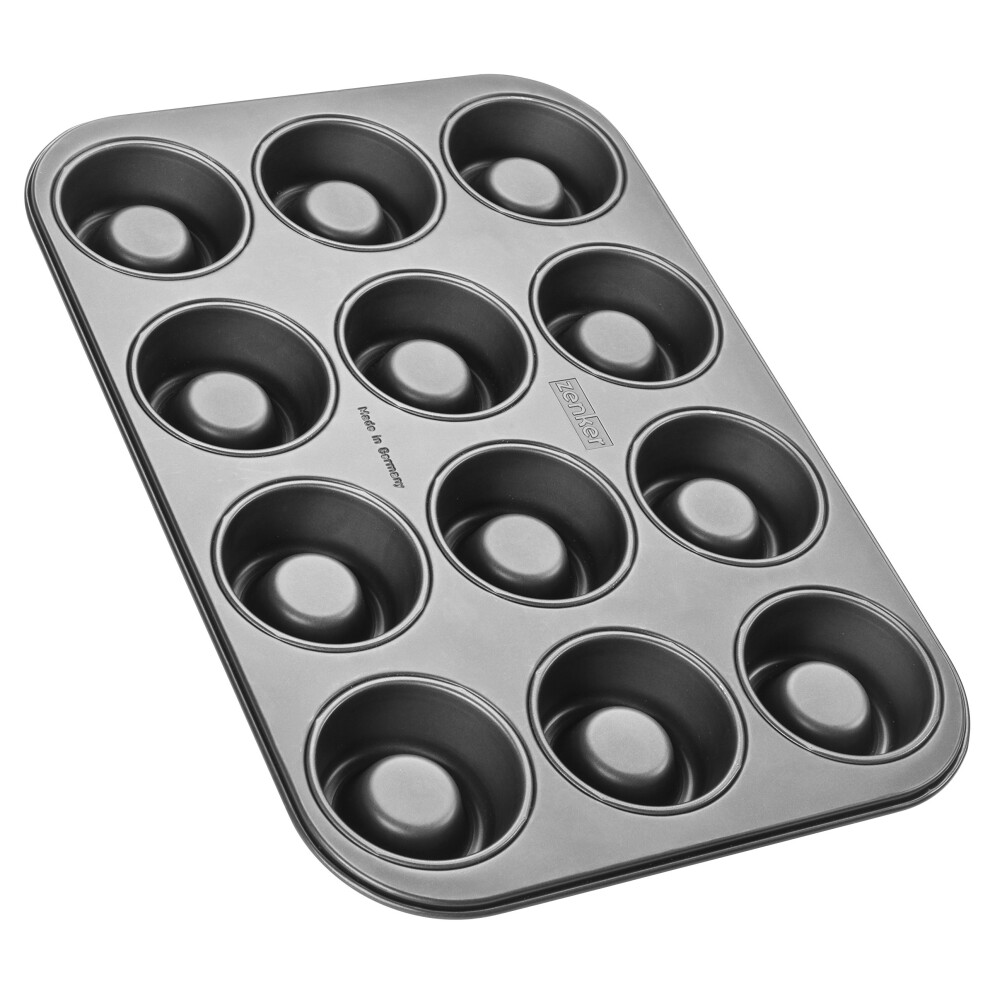 Zenker Stampo Per Cupcakes A 12 Impronte Concave Ø7Cm, Acciaio Al Carbonio Rivestimento Antiaderente, Nero, 385 X 265 X 3 Cm Per Muffin E Flan Pronti Da Riempire-image