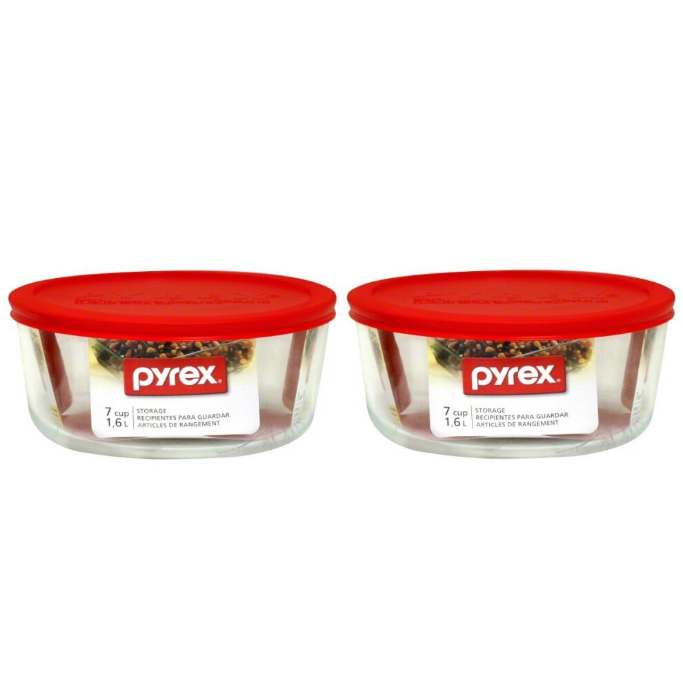 Plat de conservation rond Pyrex Storage Plus de 7 tasses avec couvercle en plastique rouge, lot de 2 contenants transparents rouges
