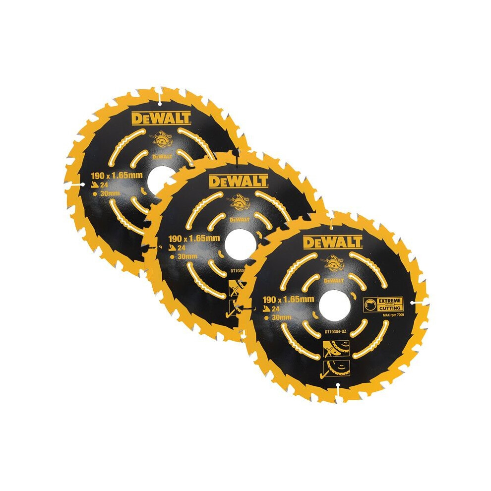 Dewalt DT10304 Set of 3 Corded Circular Saw Blades 190 x 30mm x 24 Tooth Extreme
