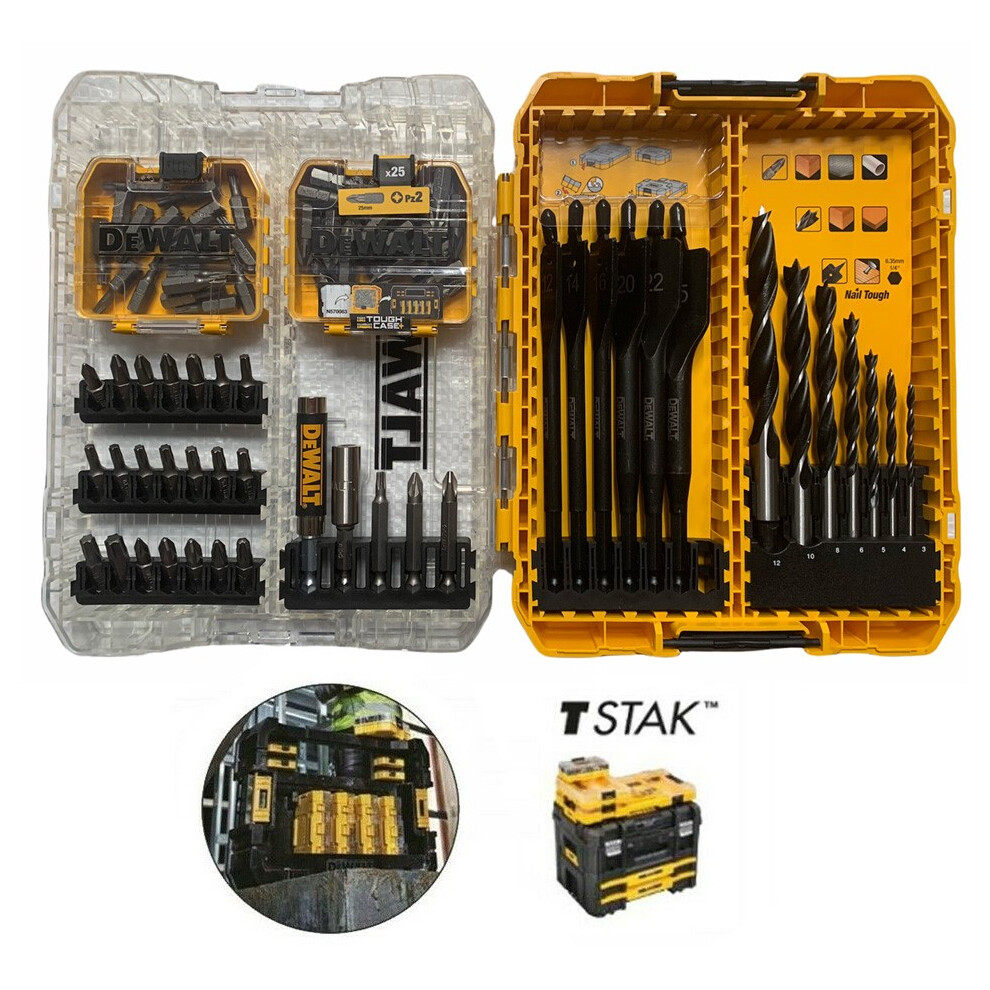 Dewalt Toughcase Extreme 82 Pc Screwdriver + Flat Spade Brad Point Bit Tstak Set