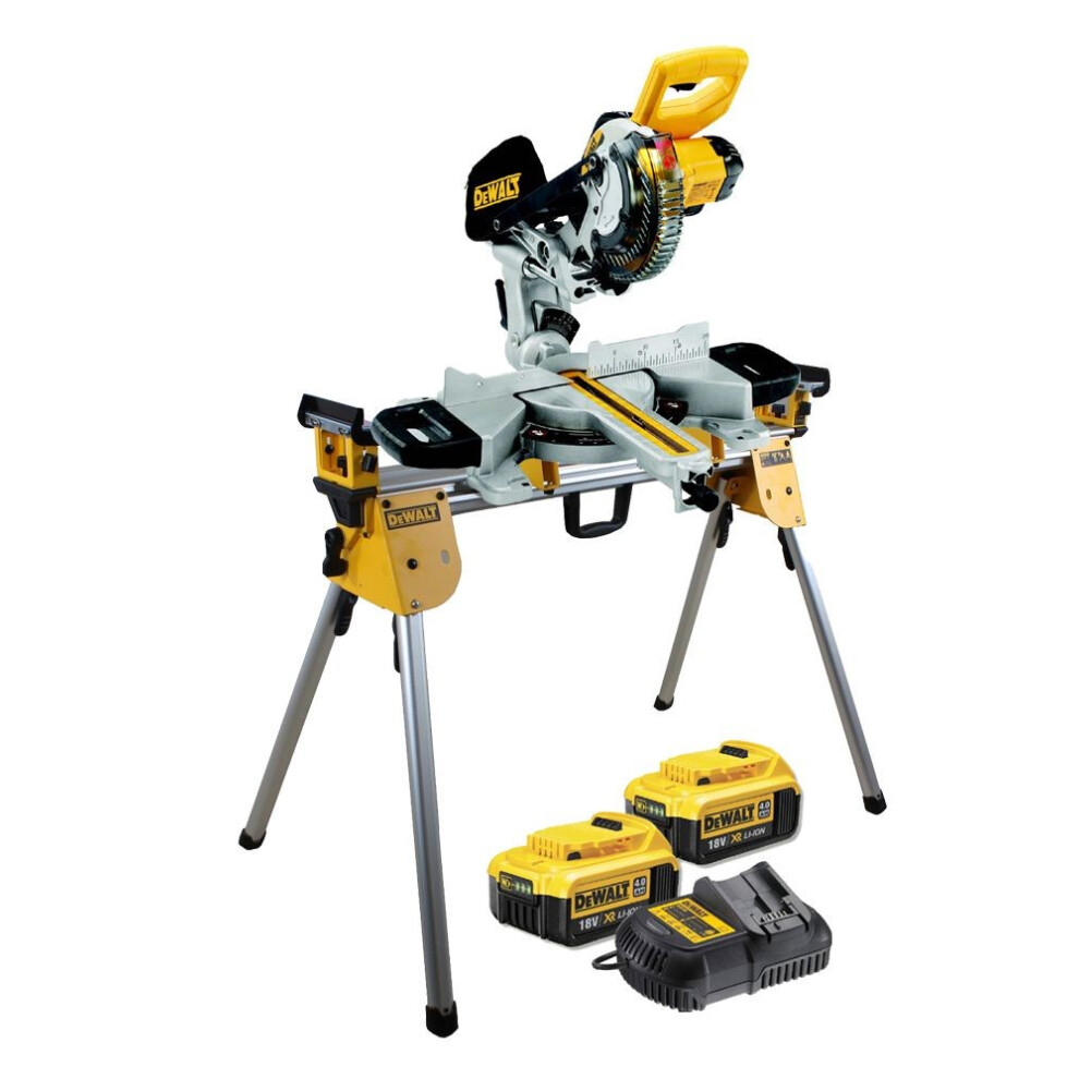 Dewalt DCS365M2 18v Cordless XPS 184mm Mitre Saw, 2 x 4.0ah + DE7033 Leg Stand