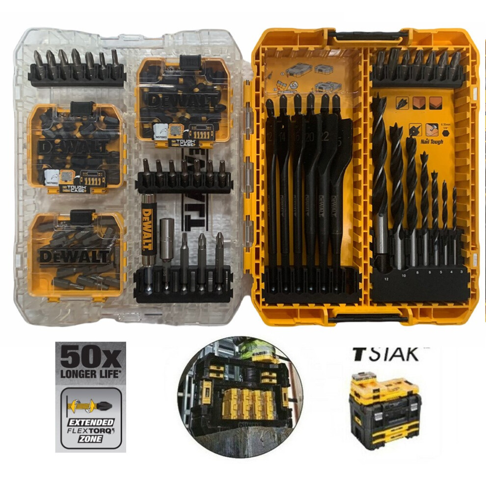 Dewalt Toughcase Extreme Torsion 107 Screwdriver Flat Spade Brad Point Bit Set