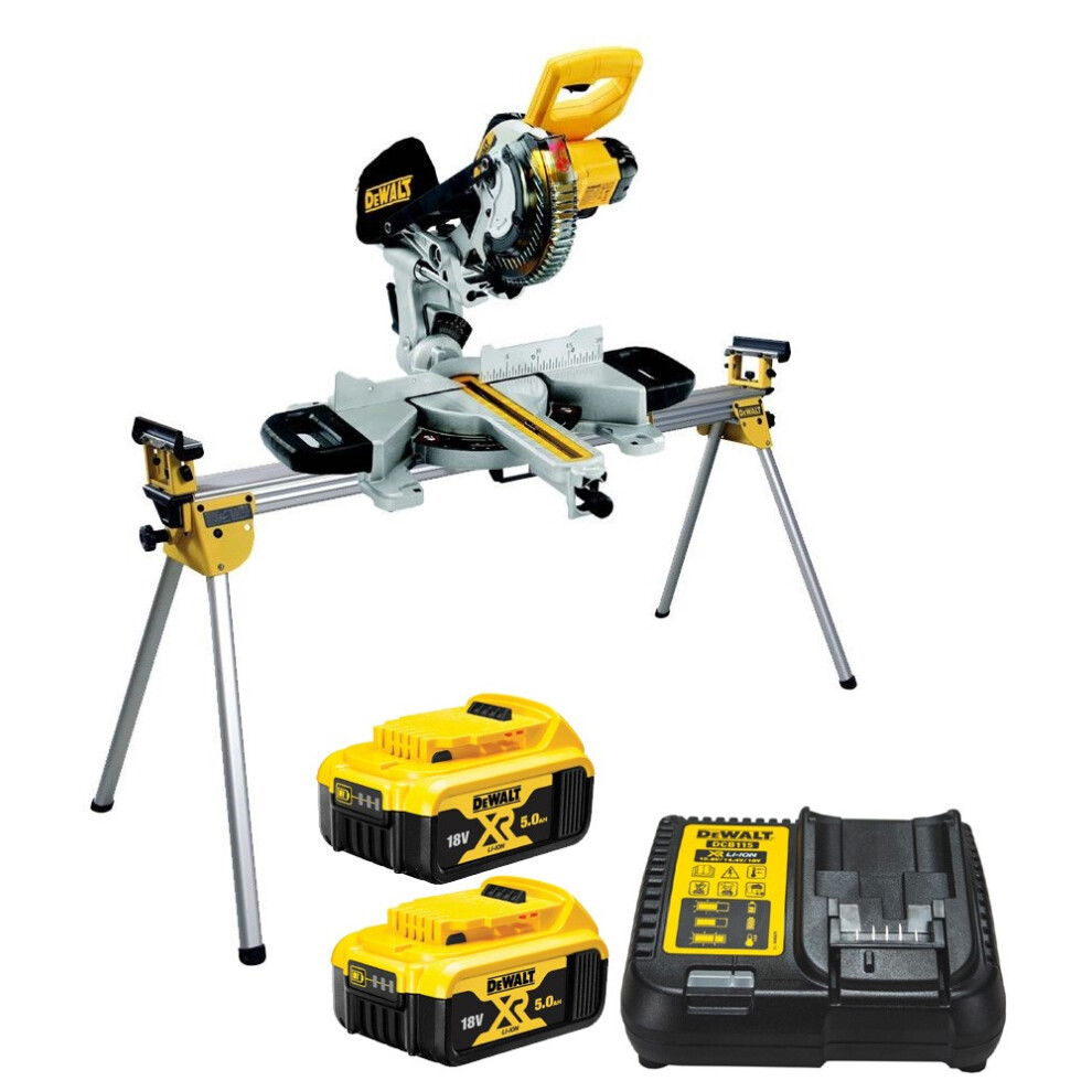 Dewalt DCS365M2 18v Cordless XPS 184mm Mitre Saw, 2 x 5.0ah + DE7023 Leg Stand
