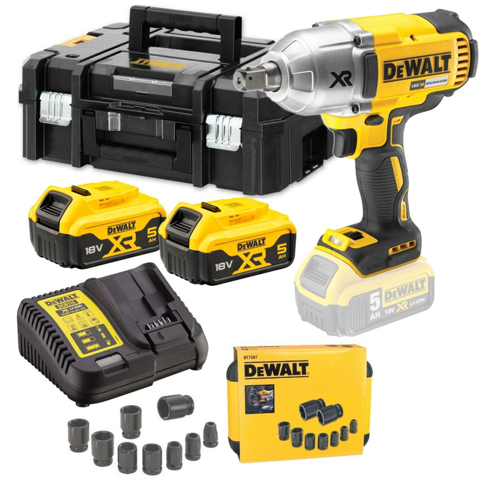 Dewalt 18v DCF899P2 XR High Torque Impact Wrench 1/2" 2X5ah + 9 Piece Socket Set