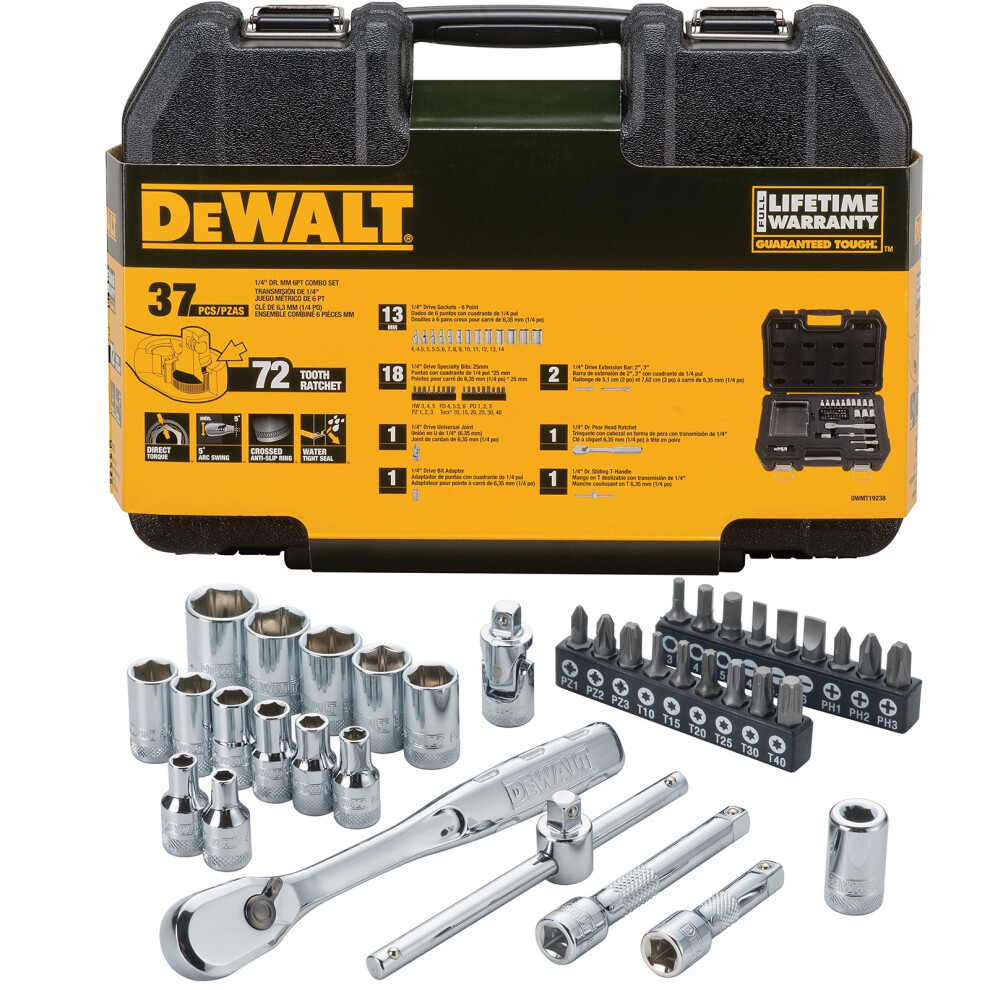 Dewalt 37 Piece General Maintenance Kit Spanner Mechanics Socket Set 1/4" Metric