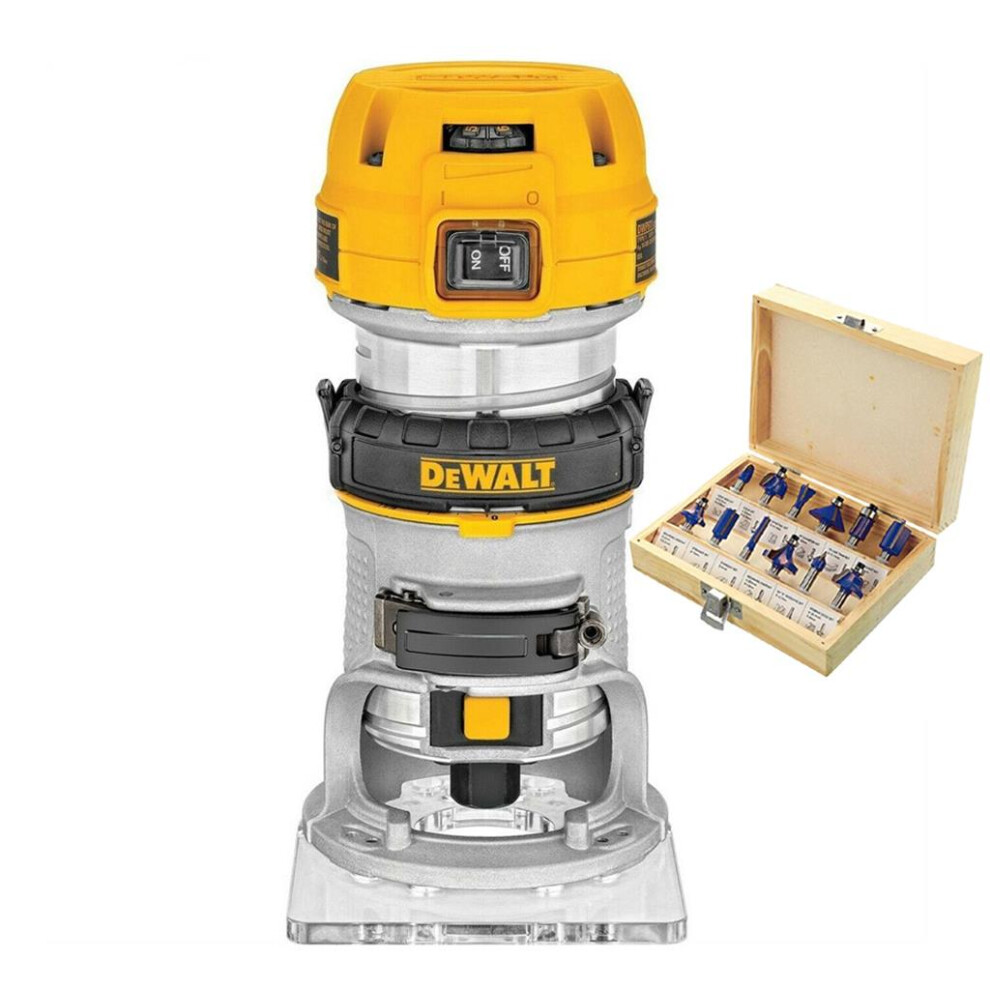 Dewalt D26200 900w Compact Fixed Base Corded Router 110v + 12 Piece Bit Set