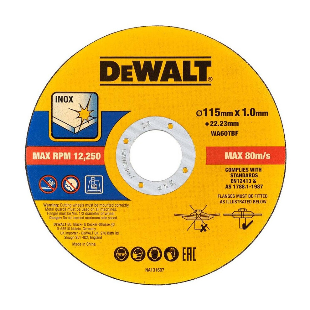Dewalt 115mm 4.5" 1mm Thin INOX Metal Cutting Disc 22mm Bore Flat Disc - Single