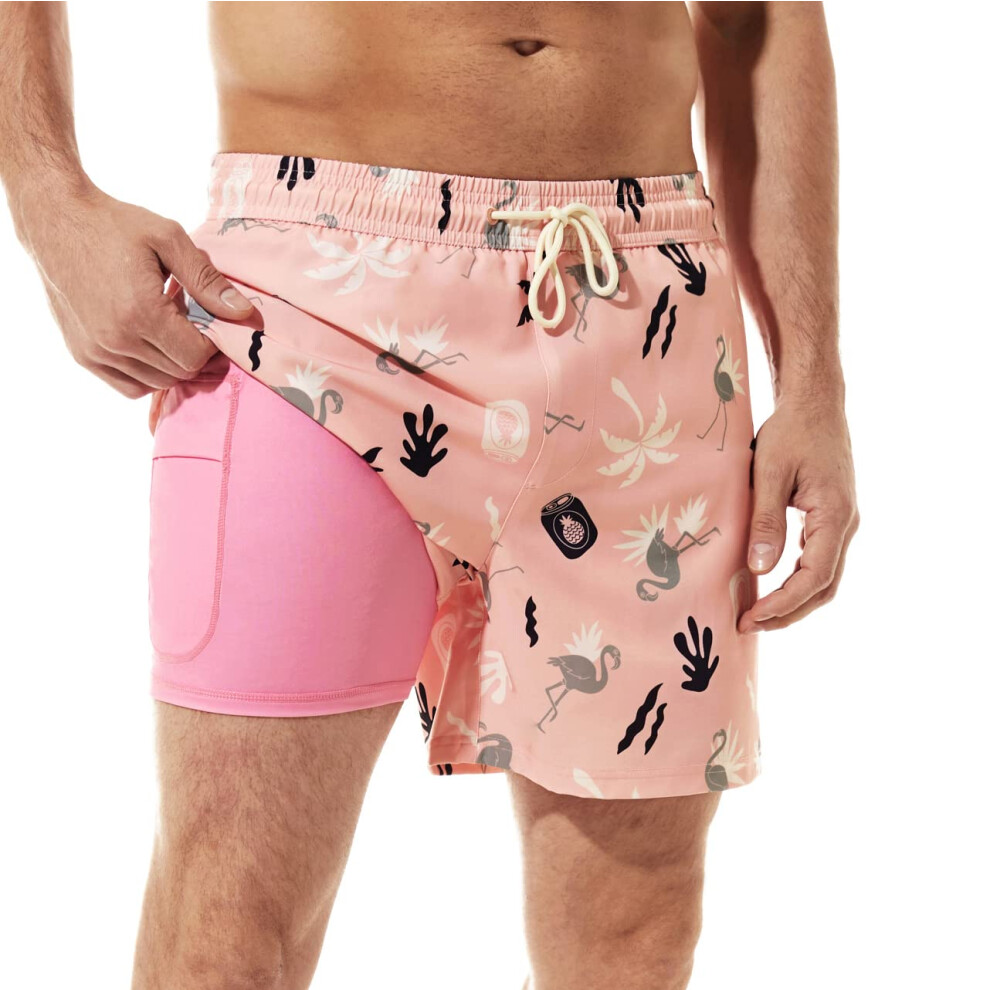 BRISIRA Maillot de bain pour homme à séchage rapide Short de bain extensible de 5 pouces avec doublure de compression Poche zippée Flamant rose