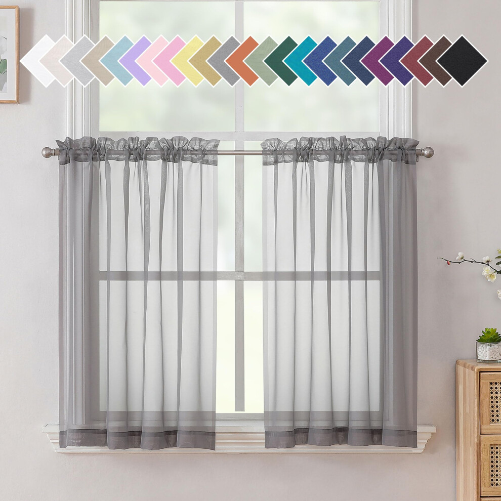 Rideaux transparents gris anthracite Aiyufeng de 91 cm de long, lot de 2 panneaux, rideaux courts transparents gris pour cuisine, rideaux unis po
