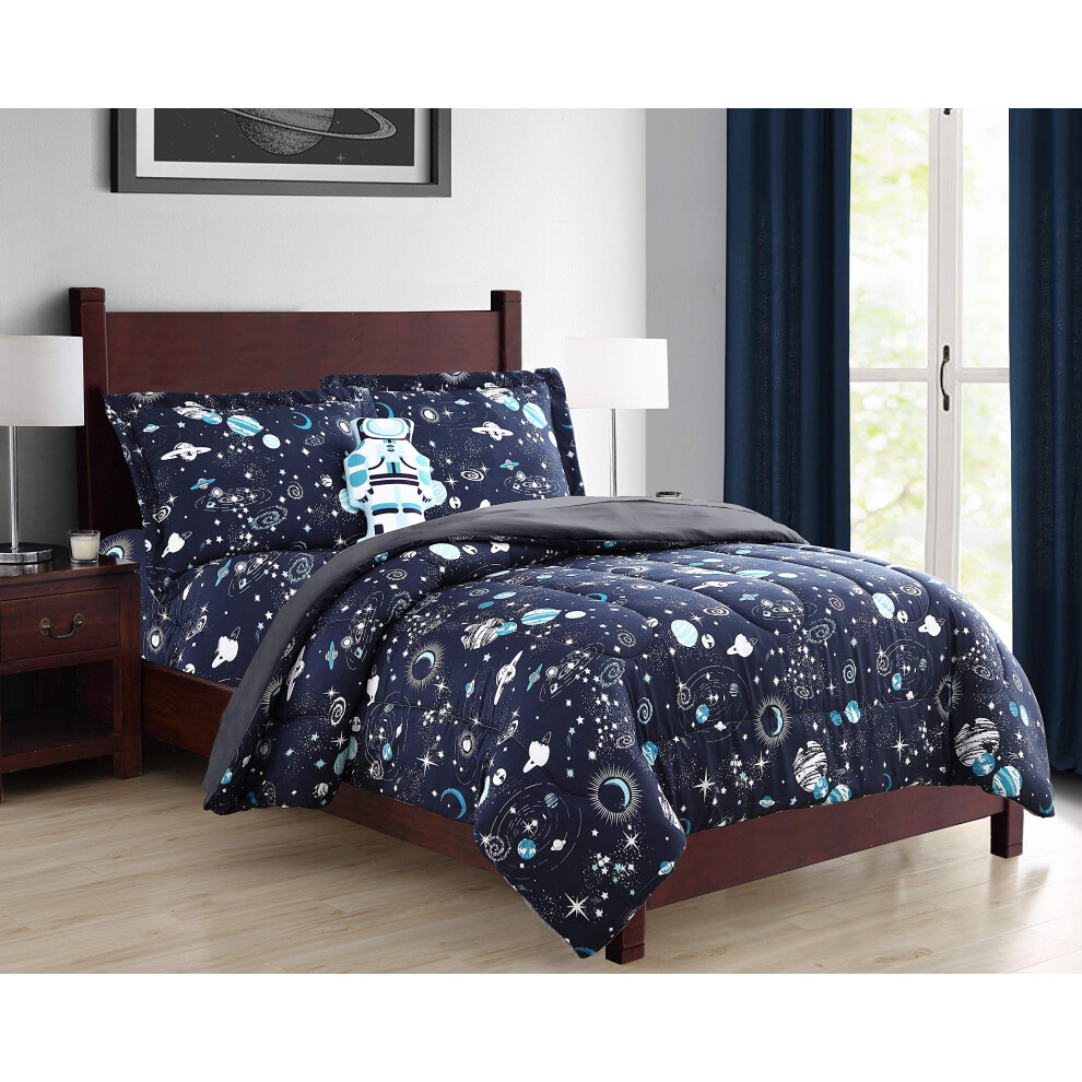 Parure de lit 8 pi   ces Sapphire Home pour gar   ons, motif espace bleu marine, ensemble de couette pour enfants avec draps, taie d'oreiller, oreill