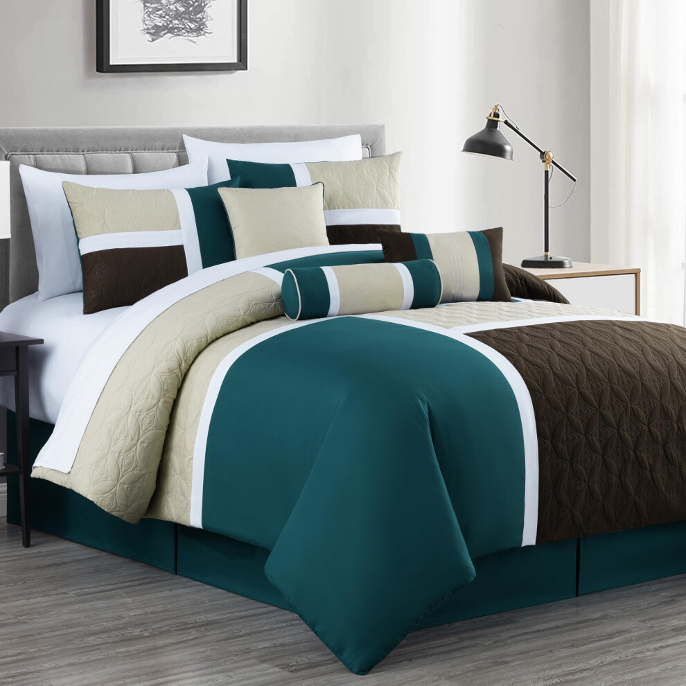 Ensemble de couette matelassée patchwork Upland de la collection Chezmoi, 7 pièces, bleu sarcelle/beige/marron, grand lit