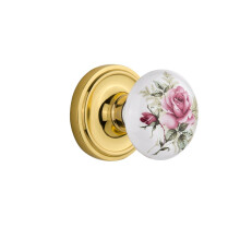 Nostalgic Warehouse Classic Rosette with Rose Porcelain Door Knob, Passage - 2.75", Unlacquered Brass
