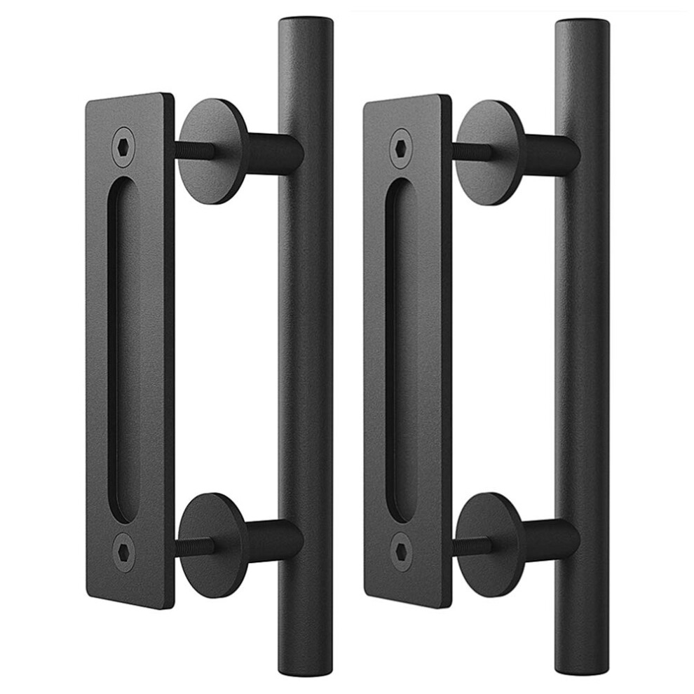 (2 Pack) Haritoft 12"" Sliding Barn Door Handle Pull And Flush Hardware Set Flat Back-Plate Design Rustic Black 634715718471