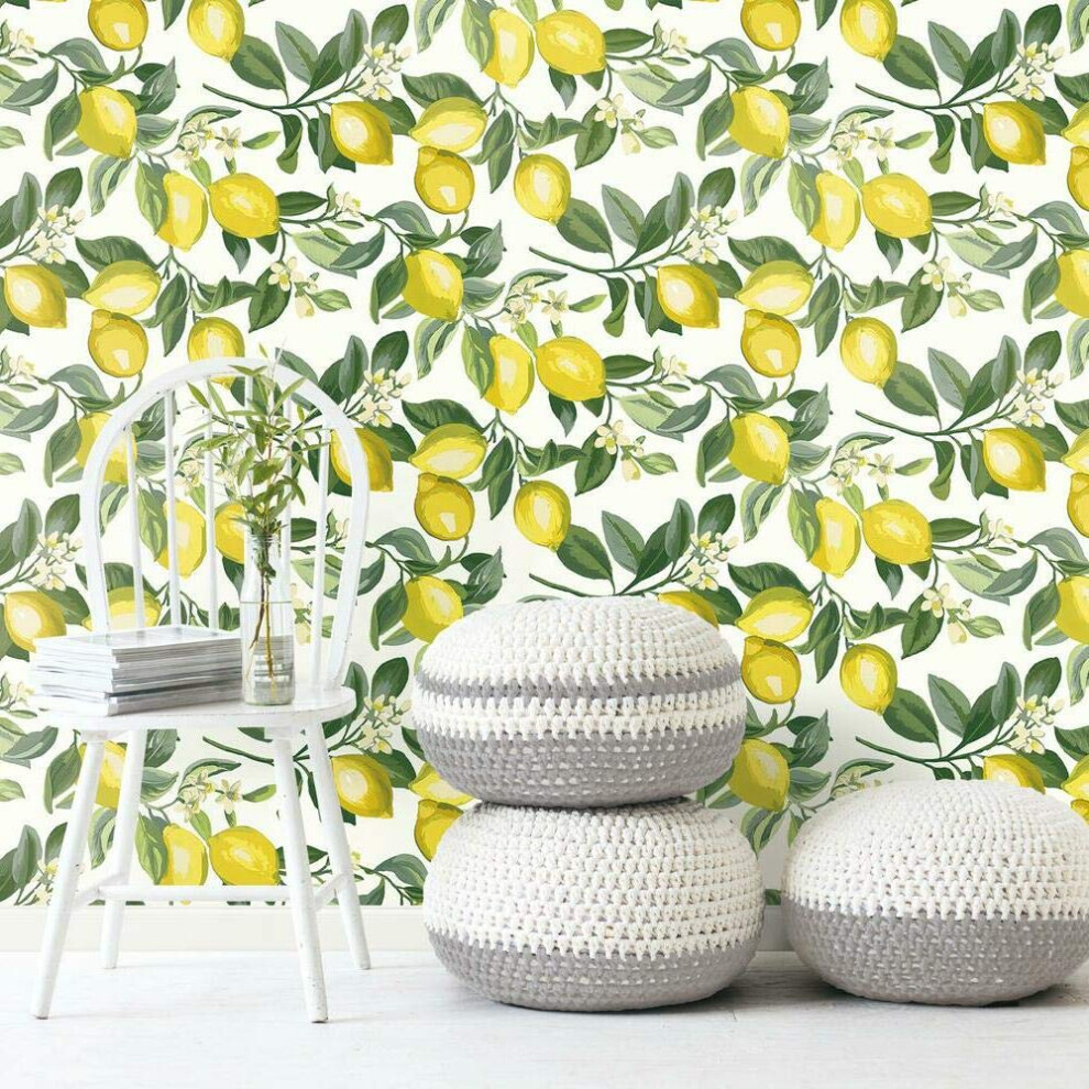 Roommates Rmk11655wp Lemon Zest Yellow And White Peel And Stick Wallpaper 034878145235