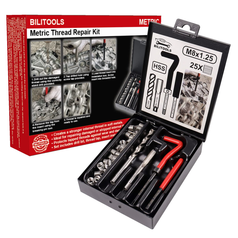 Bilitools M8x1.25 Thread Repair Kit, Hss Drill Helicoil Repair Kit Metric 6974676370566