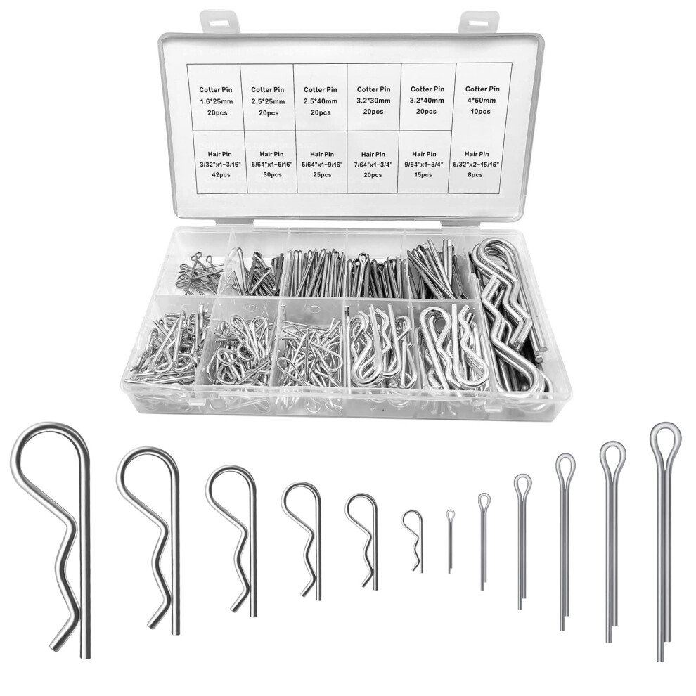 OFYDNR 250pcs Cotter Pin Hairpin R Clips Assortment Kit 12 Sizes Zinc