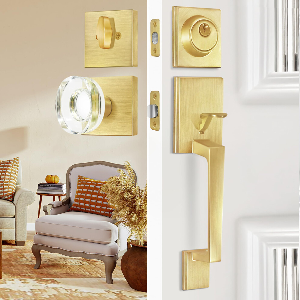 Bonkudoo Satin Brass Front Door Handle And Single Cylinder Deadbolt Front Door Lock Set Gold Entry Door Handle Set With Glass Door Knobs 614162398563