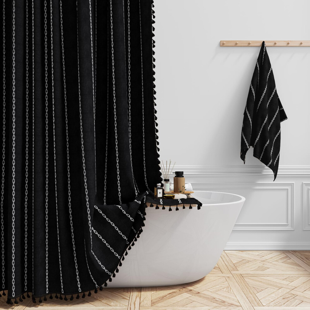 Rideau de douche en tissu BTTN Stall 54x78 Boho Rideau de douche     pompons en lin     rayures robuste avec 10 crochets    troit rustique moderne