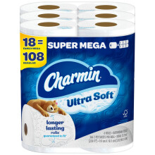 Charmin Ultra Soft Toilettenpapier, 18 Super Mega Rollen = 108 normale Rollen
