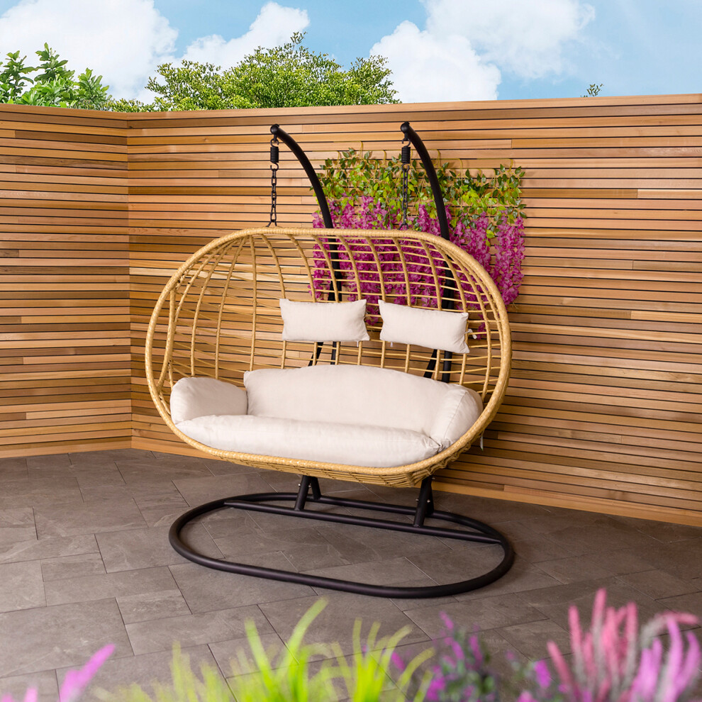 Charles Bentley Double Hanging Swing Chair Seat H196 x D117 x W167cm Natural Egg Hang Bench Seating Outdoor Garden Furniture