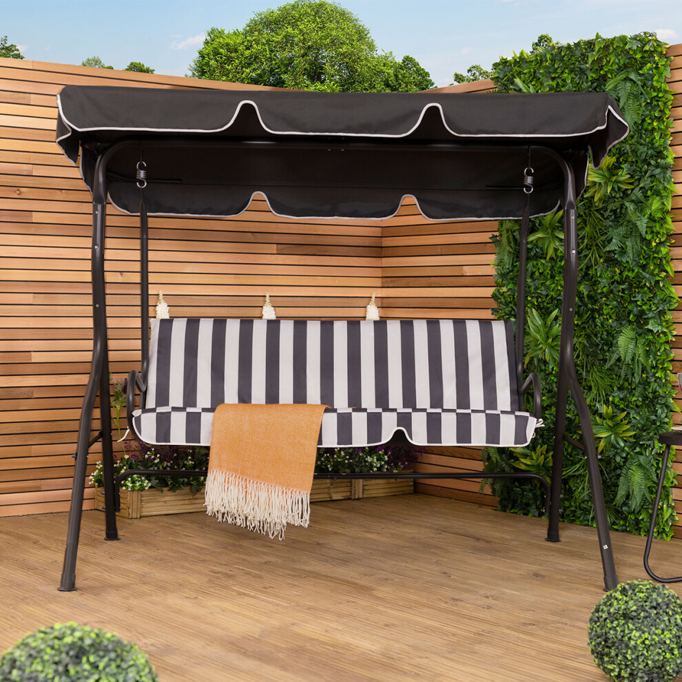 (Grey) Charles Bentley 2-3 Seater Garden Patio Swing Seat Hammock Chair Made of Powder Coated Steel - Stripe / Plain Design