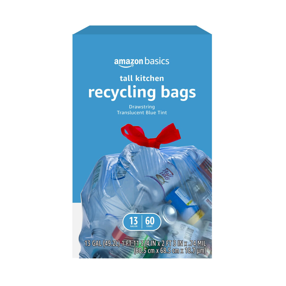 Amazon Basics Blue Recycling Trash Bags  Unscented  13 Gallon  60 count  Pack of 1