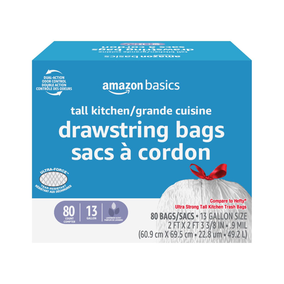 Amazon Basics Ultra-Force Tall Kitchen Drawstring Trash Bags  Lavender Scented  13 Gallon  80 Count  Pack of 1